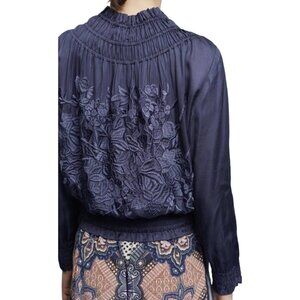 NWT Love Sam Silk Floral Embroidered Navy Short Zipper Bomber Jacket Size S